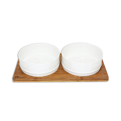 buy Be-One-Breed-Stylish-White-Ceramic-and-Bamboo-Pet-Dish-Set