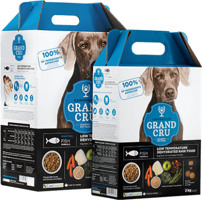 BUy Canisource Grand Cru Grain Free Fish Dehydrated Raw Dog Food blue and white box