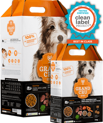 Buy Canisource Grand Cru Grain Free Pork and Lamb Dehydrated Dog Food online from our warehouse in Canada orange box